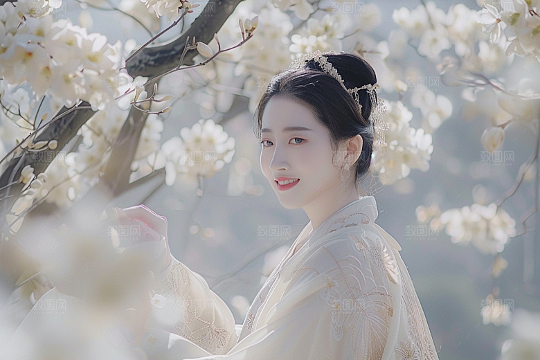 花卉汉服人物古风园林摄影图