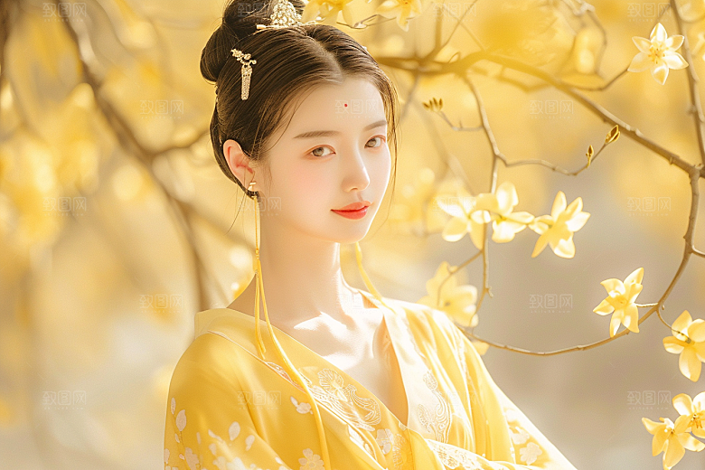 花卉汉服人物人像花丛摄影图