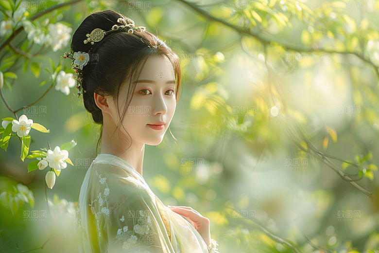 花卉汉服人物中国风美女摄影图