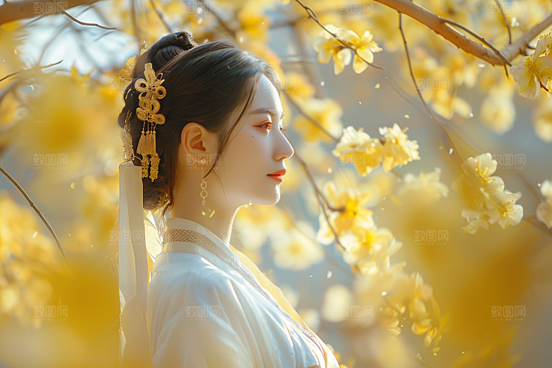 花卉汉服人物唯美花丛摄影图