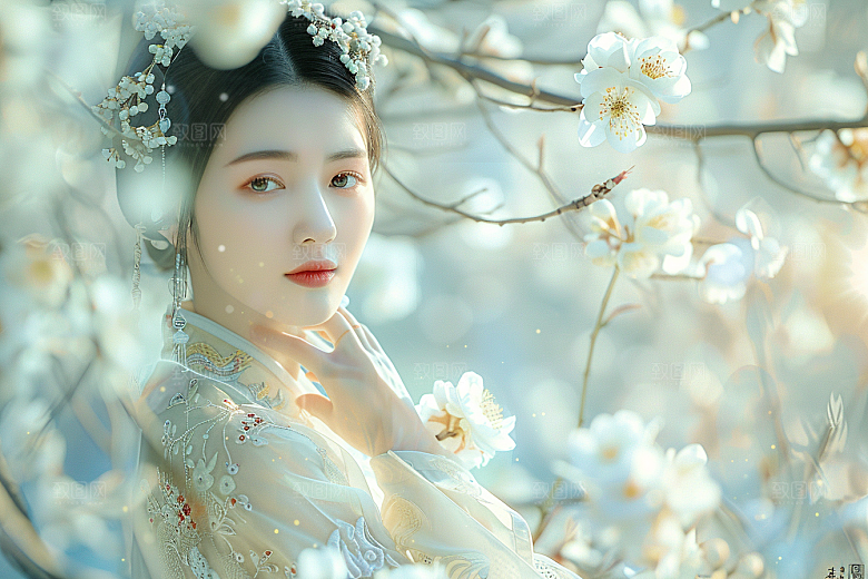 花卉汉服人物园林唯美摄影图
