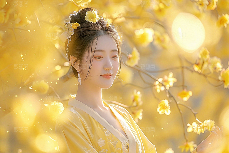 花卉汉服人物人像花丛摄影图