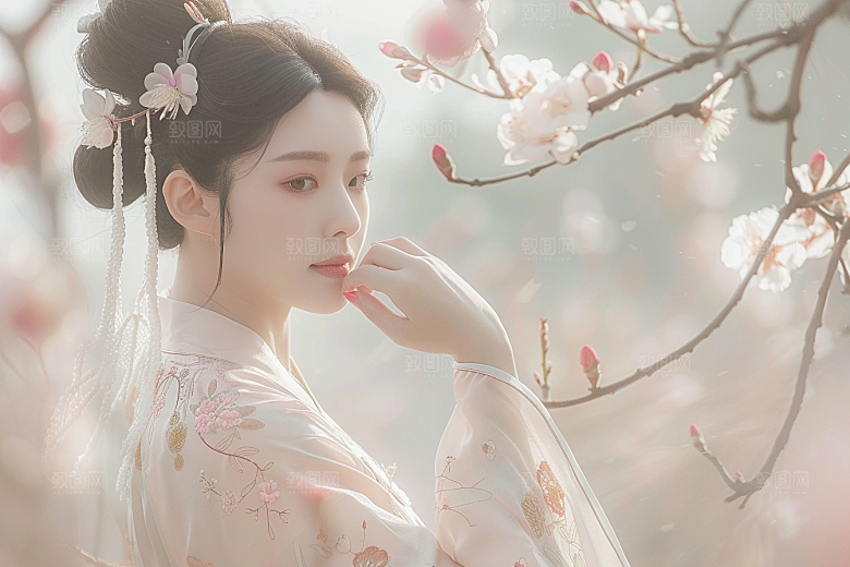 花卉汉服人物唯美园林摄影图