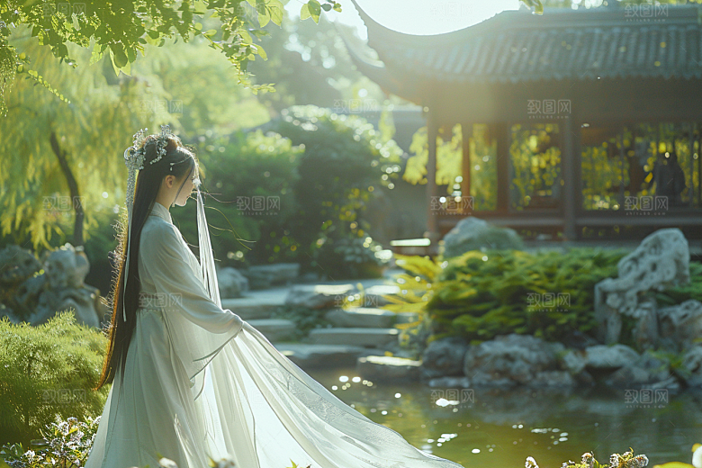 花卉汉服人物人像花丛摄影图