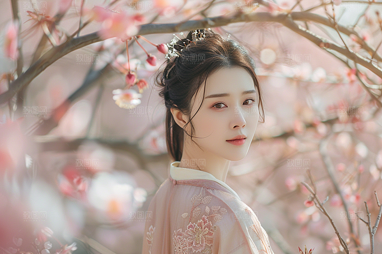花卉汉服人物古风花丛摄影图