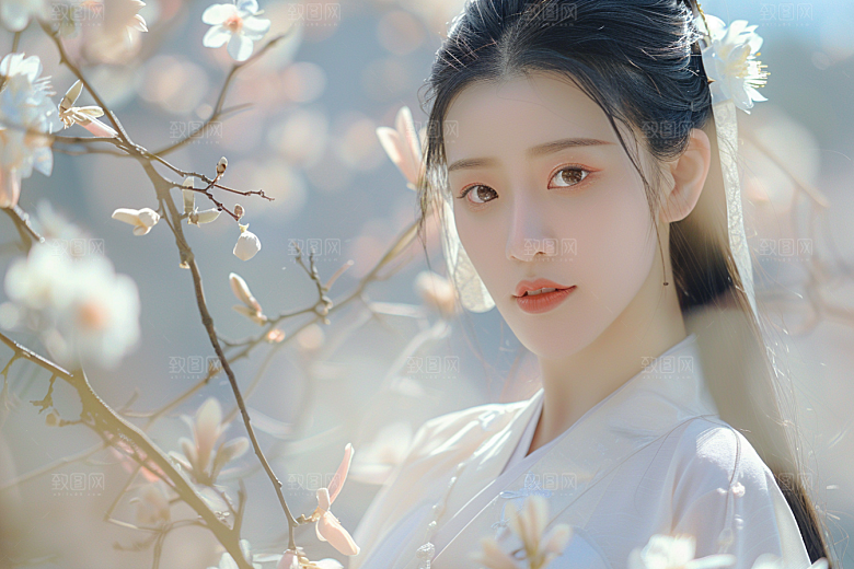 花卉汉服人物美景中国风摄影图