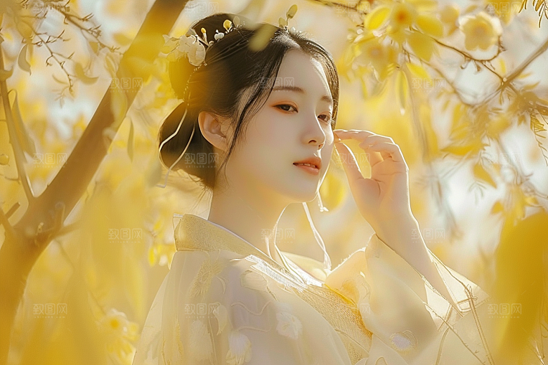 花卉汉服人物高清园林摄影图