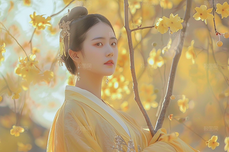 花卉汉服人物花丛中国风摄影图