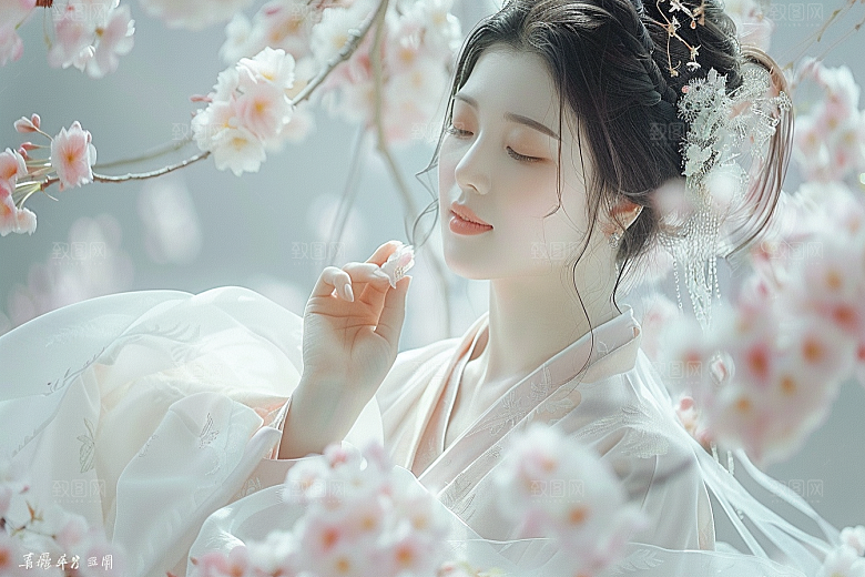 花卉汉服人物花丛美女摄影图