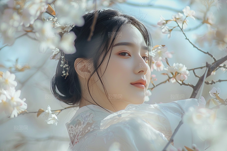 花卉汉服人物浪漫园林摄影图