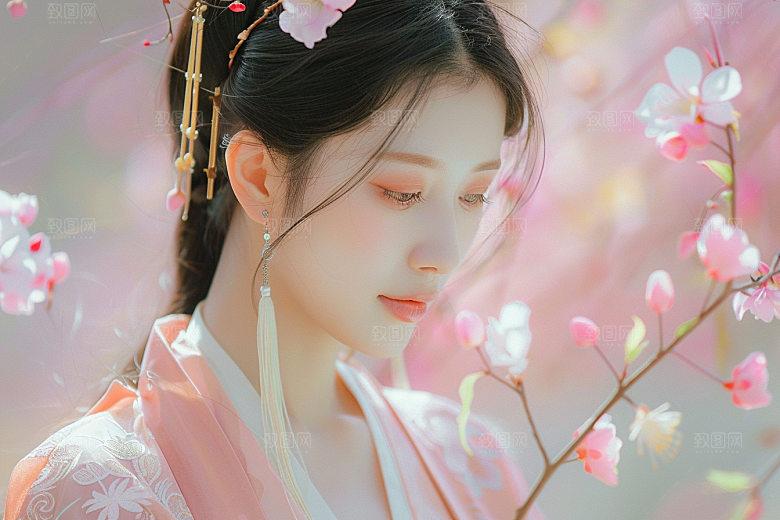 花卉汉服人物花丛浪漫摄影图