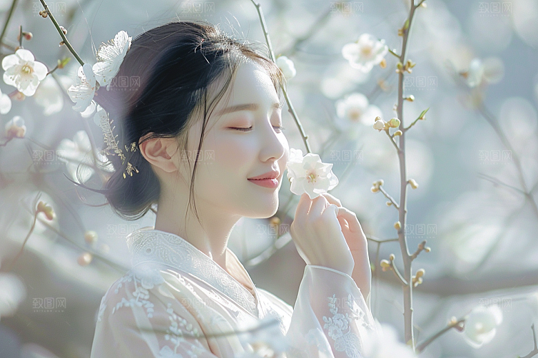 花卉汉服人物园林美女摄影图