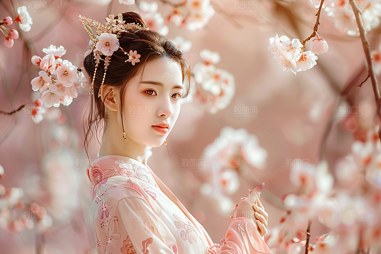 花卉汉服人物中式写真摄影图