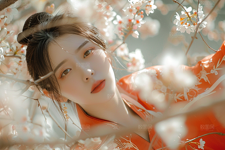 花卉汉服人物中式写真摄影图