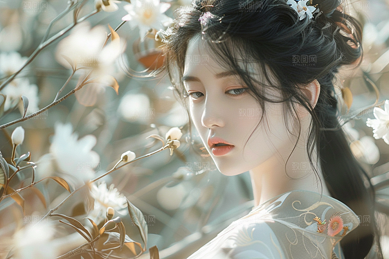 花卉汉服人物写真花丛摄影图