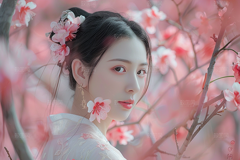花卉汉服人物花丛唯美摄影图