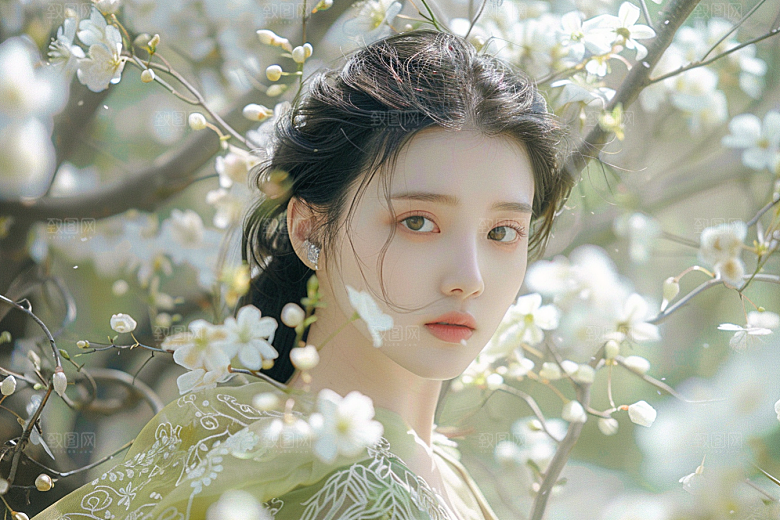 花卉汉服人物高清园林摄影图