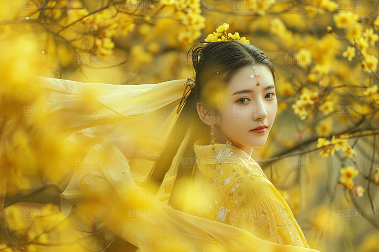 花卉汉服人物花丛唯美摄影图