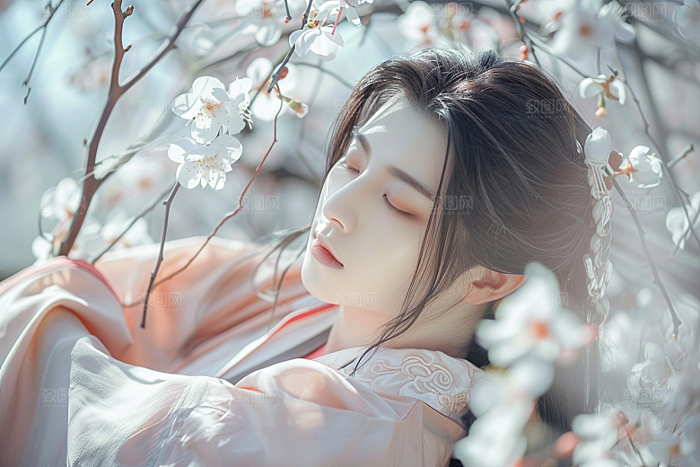 花卉汉服人物美女园林摄影图
