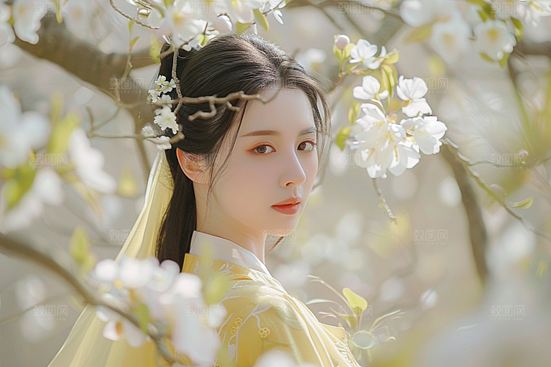 花卉汉服人物园林中国风摄影图