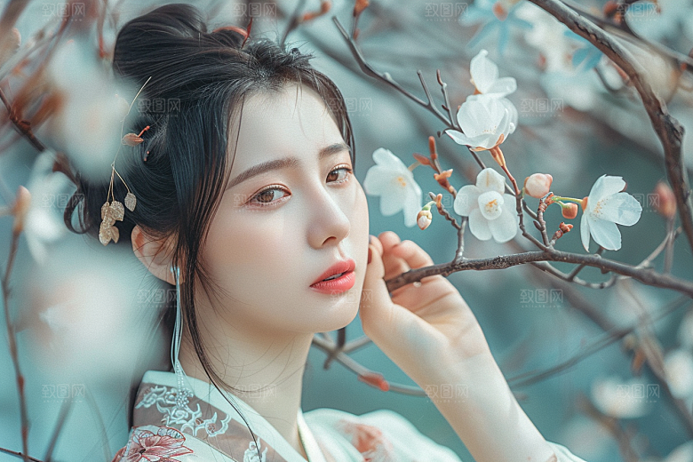 花卉汉服人物中式写真摄影图