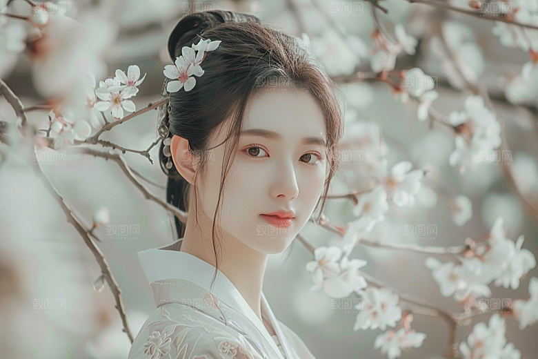 花卉汉服人物花丛美女摄影图
