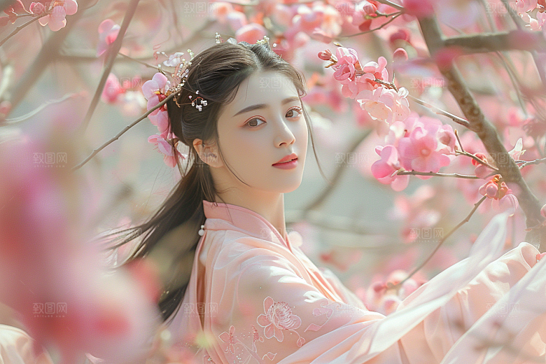 花卉汉服人物唯美花丛摄影图