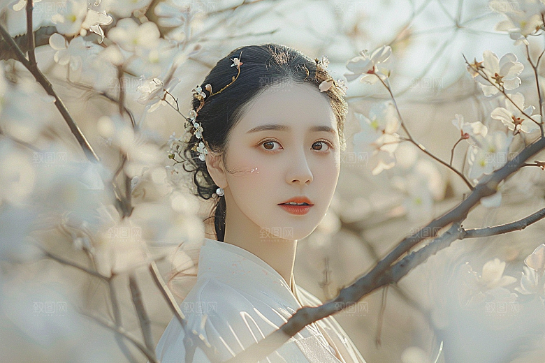 花卉汉服人物古风美景摄影图