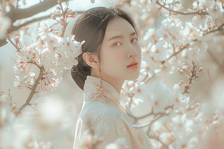 花卉汉服人物园林唯美摄影图