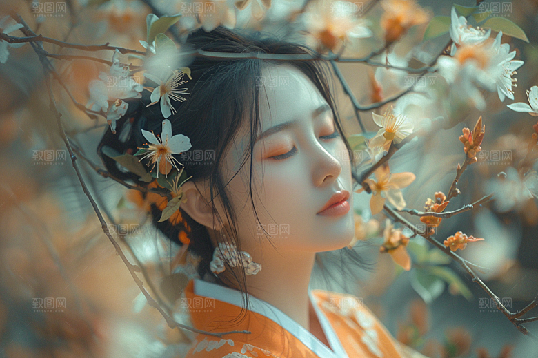 花卉汉服人物花丛美女摄影图