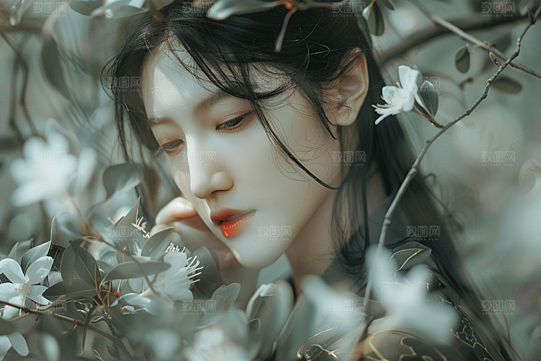 花卉汉服人物浪漫人像摄影图