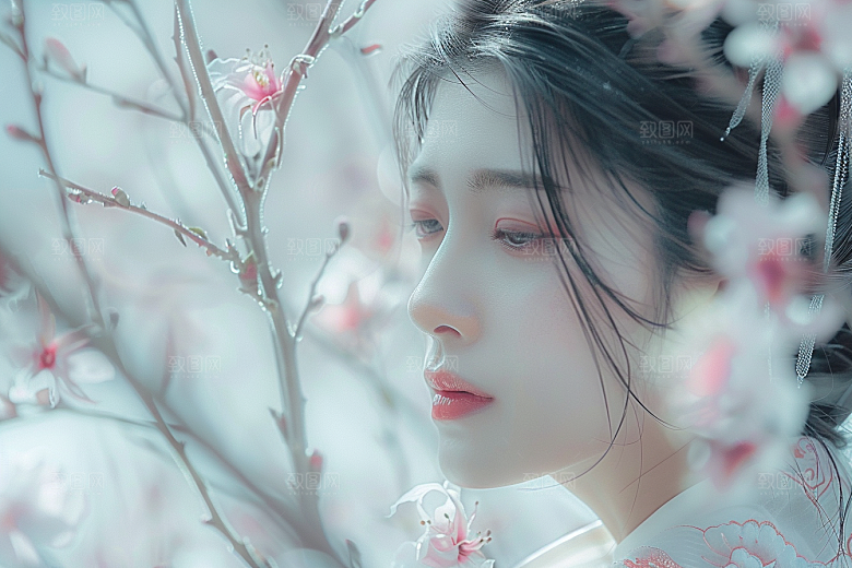 花卉汉服人物园林唯美摄影图