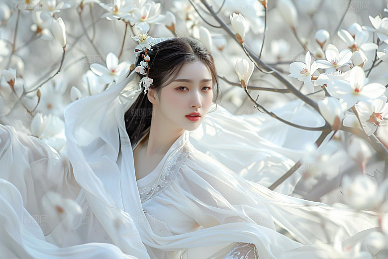 花卉汉服人物高清花丛摄影图