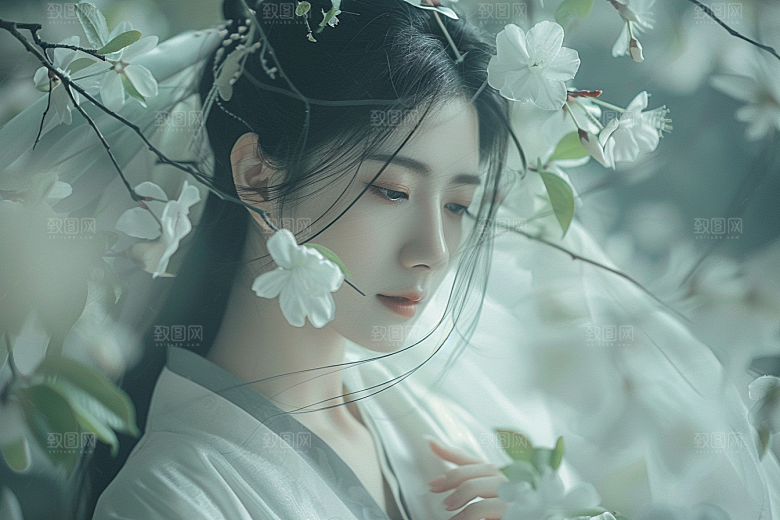 花卉汉服人物唯美园林摄影图