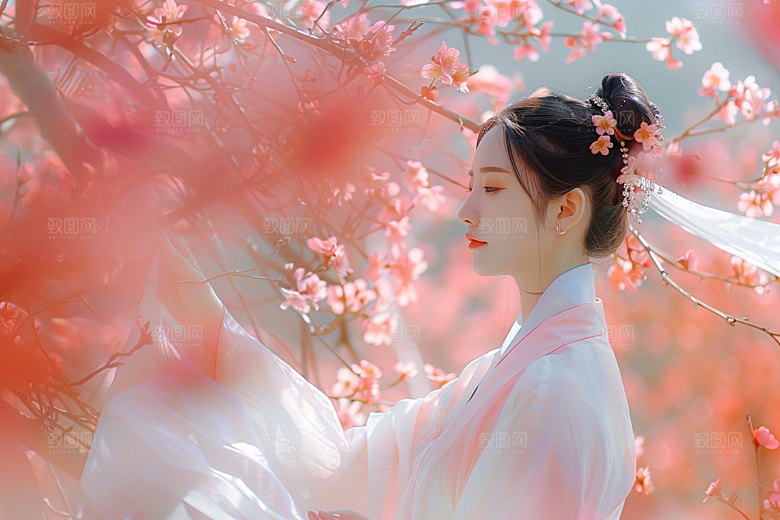 花卉汉服人物古风美景摄影图