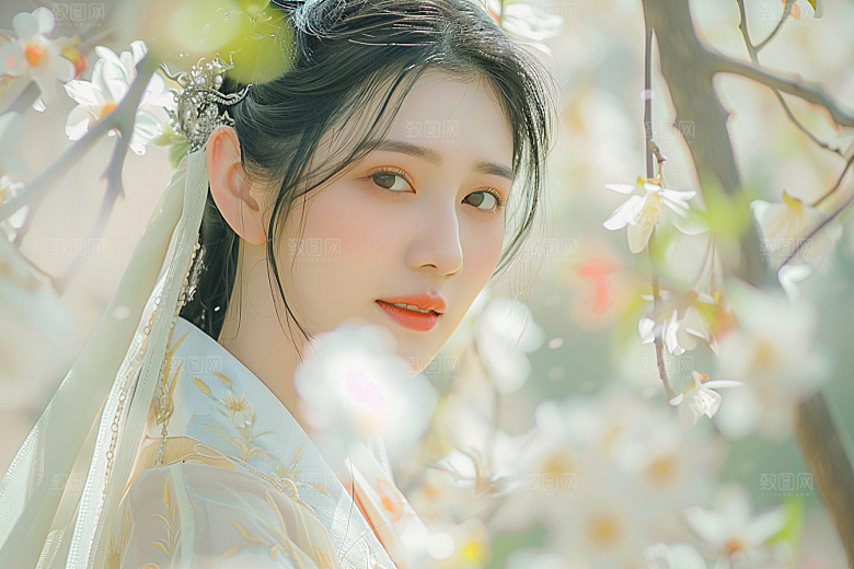 花卉汉服人物园林浪漫摄影图
