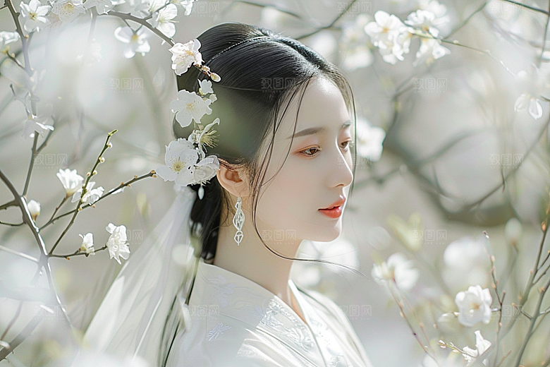 花卉汉服人物花丛人像摄影图