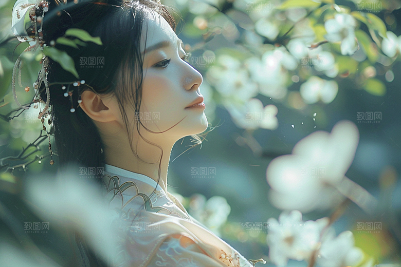花卉汉服人物园林花丛摄影图