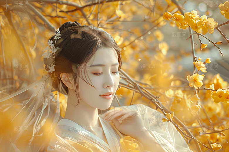 花卉汉服人物园林美景摄影图