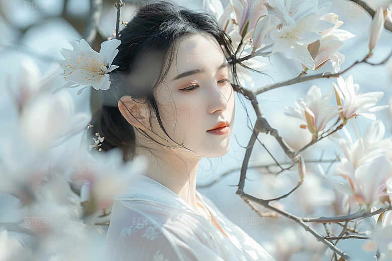 花卉汉服人物美景浪漫摄影图