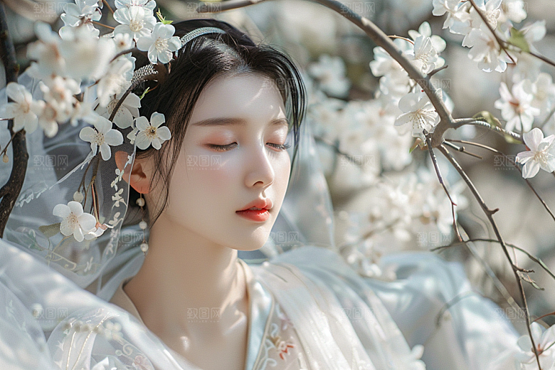 花卉汉服人物唯美美女摄影图