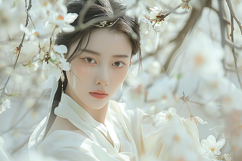 花卉汉服人物中国风花丛摄影图