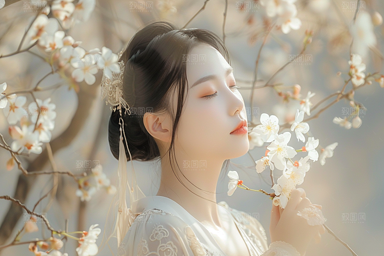 花卉汉服人物园林高清摄影图