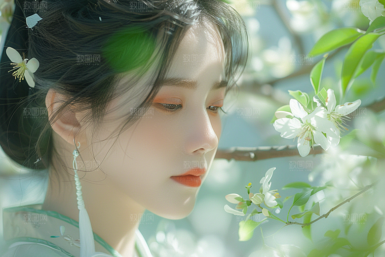 花卉汉服人物园林高清摄影图