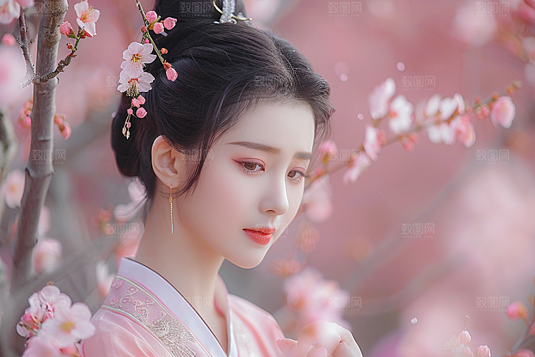 花卉汉服人物花丛唯美摄影图