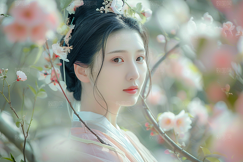 花卉汉服人物园林人像摄影图