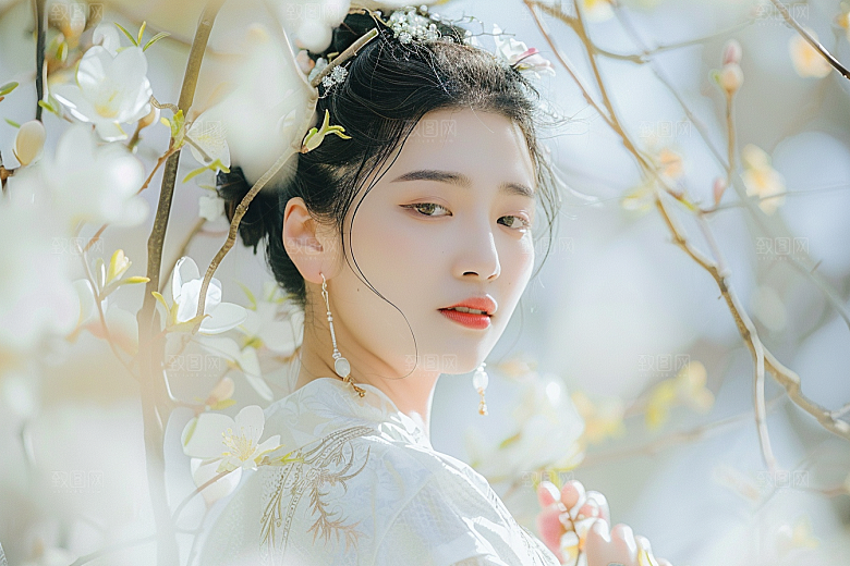 花卉汉服人物古风美景摄影图