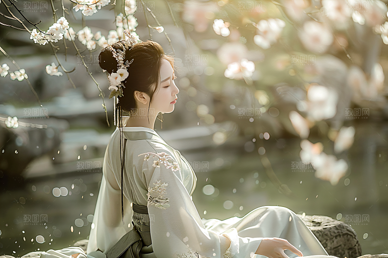 花卉汉服人物园林人像摄影图