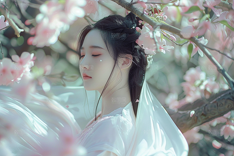 花卉汉服人物人像美景摄影图