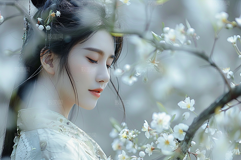 花卉汉服人物美景花丛摄影图